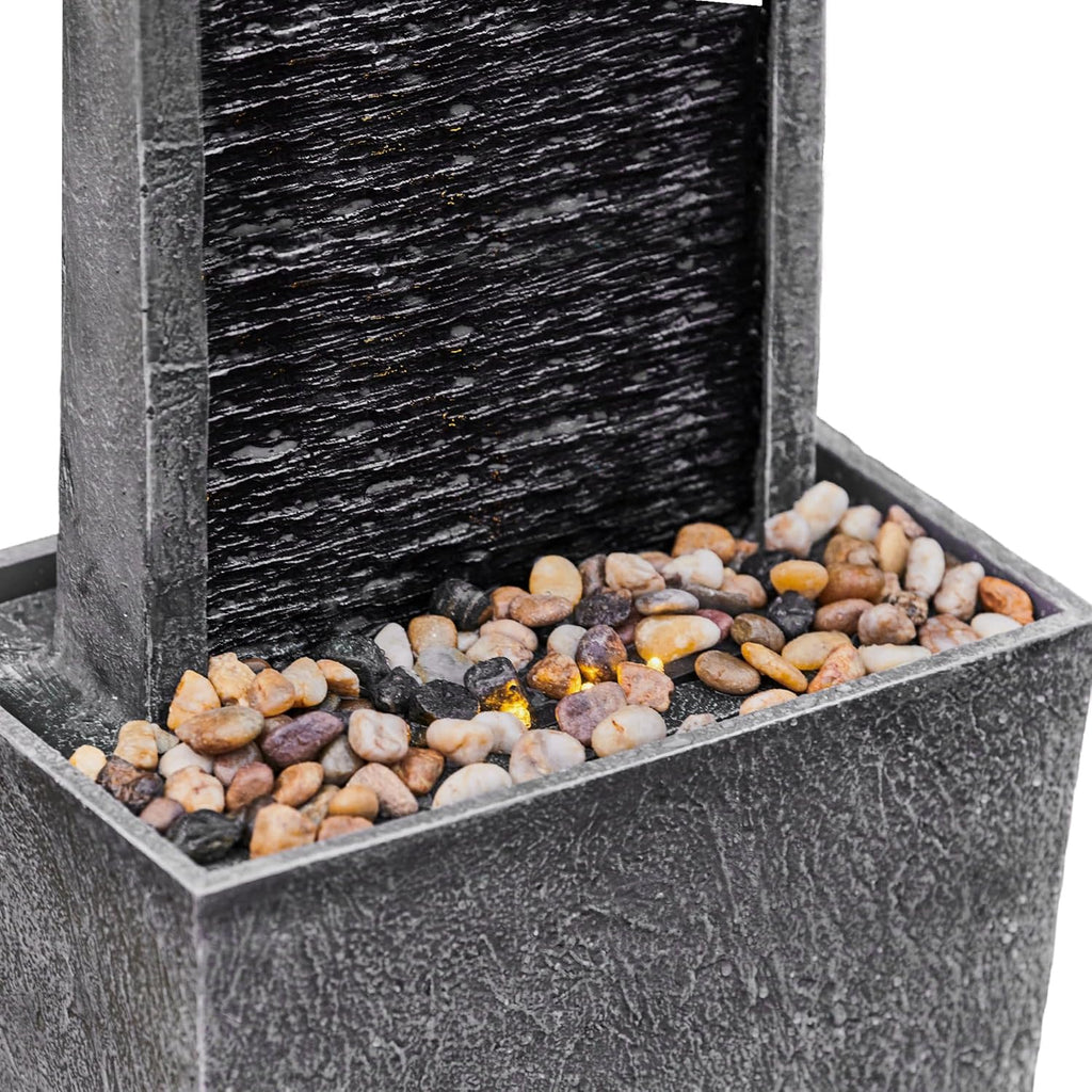 38.5" Faux Slate Contemporary Outdoor LED Waterfall Fountain with Pebble Base, Gray/Black