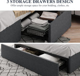 Queen Platform Bed Frame with 3 Storage Drawers, Fabric Upholstered, Wooden Slats Support, No Box Spring Needed