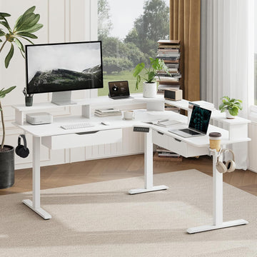 59" L Shaped Electric Standing Desk with Drawers, Height Adjustable Desk with Power Outlets & LED Lights, Monitor