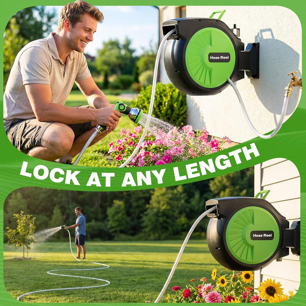 Retractable Garden Hose Reel 100FT x 1/2 in, Wall Mount Water Hose Reel for Outside with Auto Rewind, Tangle-Free