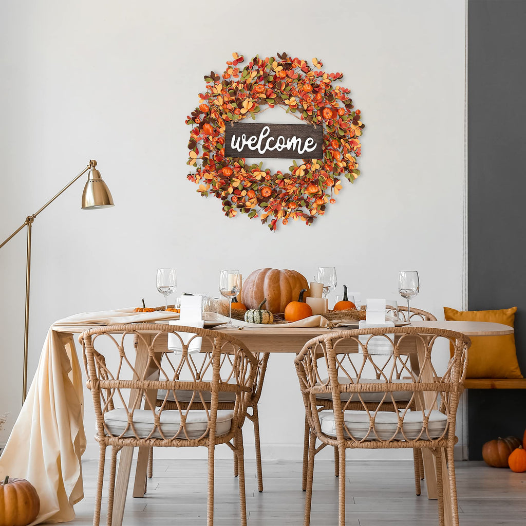 Fall Wreath 20'' Autumn Front Door Harvest with Small Pumpkin Berry Round Leaves Decorations for Outside Indoor Wall