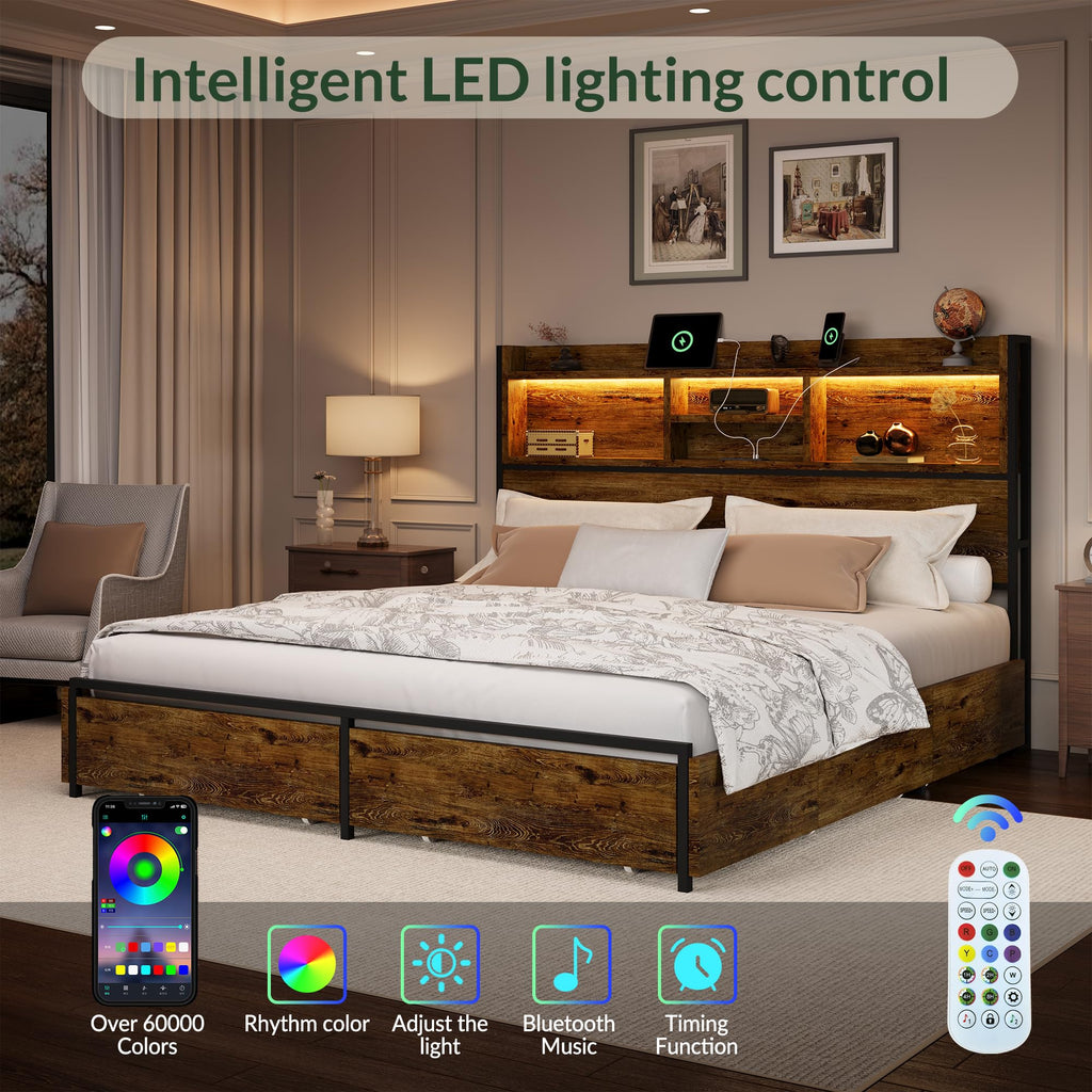 King Size Bed Frame with 6 Storage Drawers and Headboard Wooden Platform Bed Frame with LED Lights and Charging