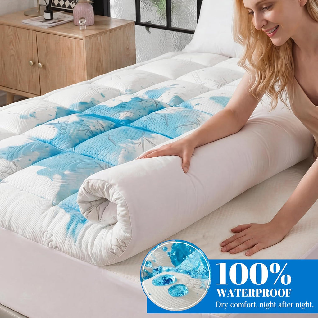 100% Waterproof King Size Mattress Topper, Viscose Made from Bamboo Pillow Top Mattress Protector for Back Pain