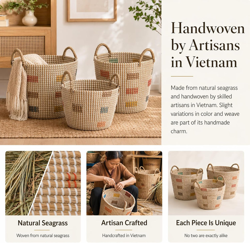 Natural Seagrass Storage Baskets Set of 3 with Handles, Handwoven Decorative Nesting Bins for Blankets, Towels, Toys