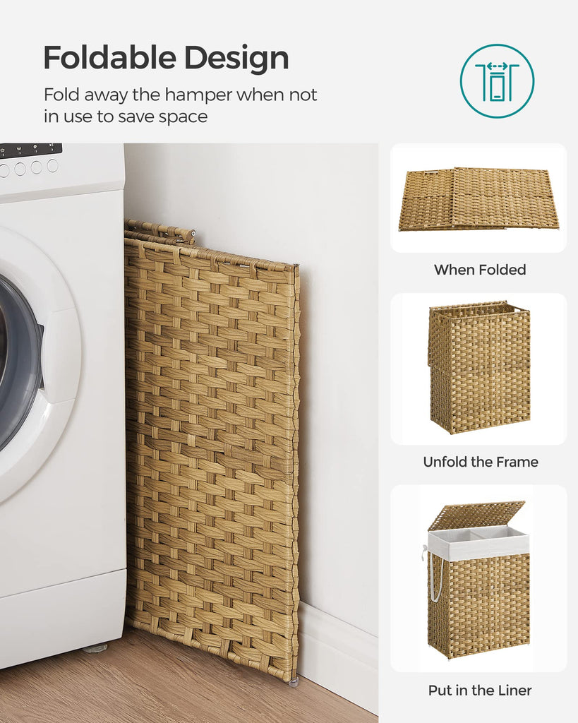 Laundry Hamper with Lid, 90L Double Wicker Basket, 6 Mesh Bags