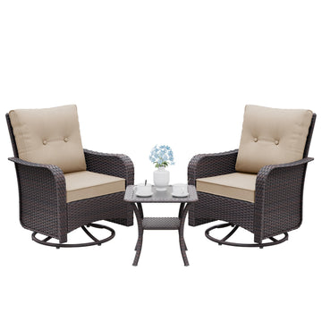 Outdoor Swivel Chairs Set of 2, 3 Pieces Patio Furniture Set with Thick Cushion, Wicker Rocking Patio Chairs Set of