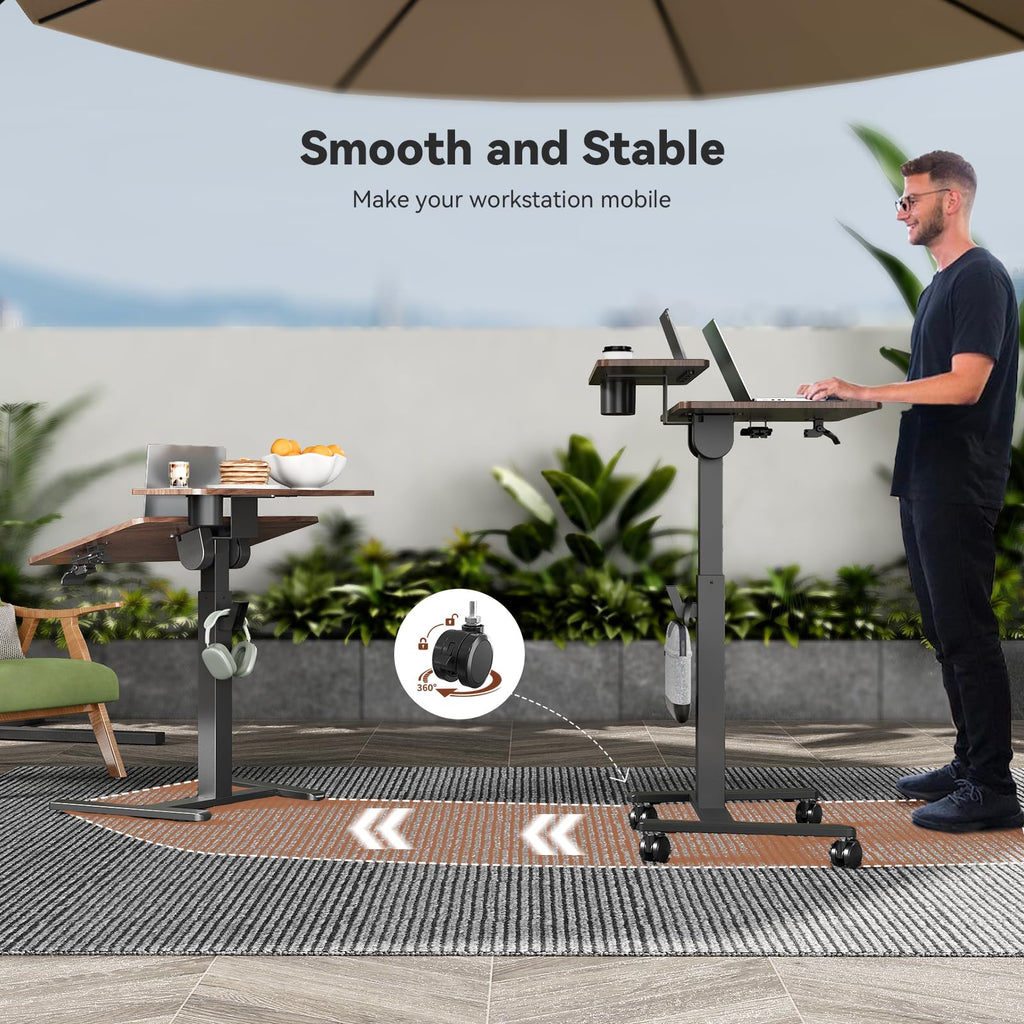 28" Mobile Standing Desk, Tiltable Top with 2-Tier Shelves, Walnut