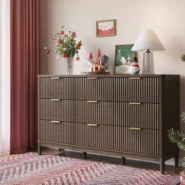 Fluted Dresser, Mid Century Modern Large Chest of Drawers with Gold Metal Handles, Wide Boho Wood Dressers with