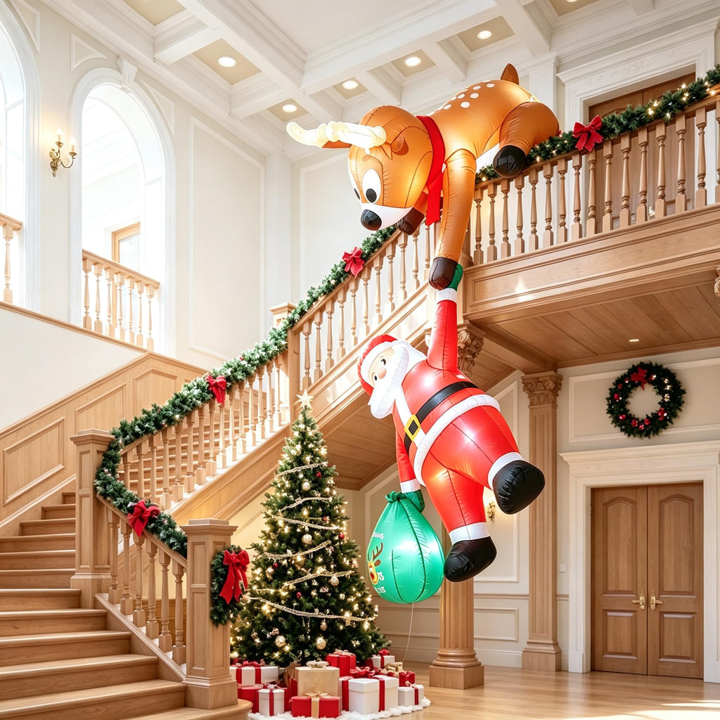 8.8 FT Christmas Inflatable Hanging Santa Outdoor Decorations with Reindeer