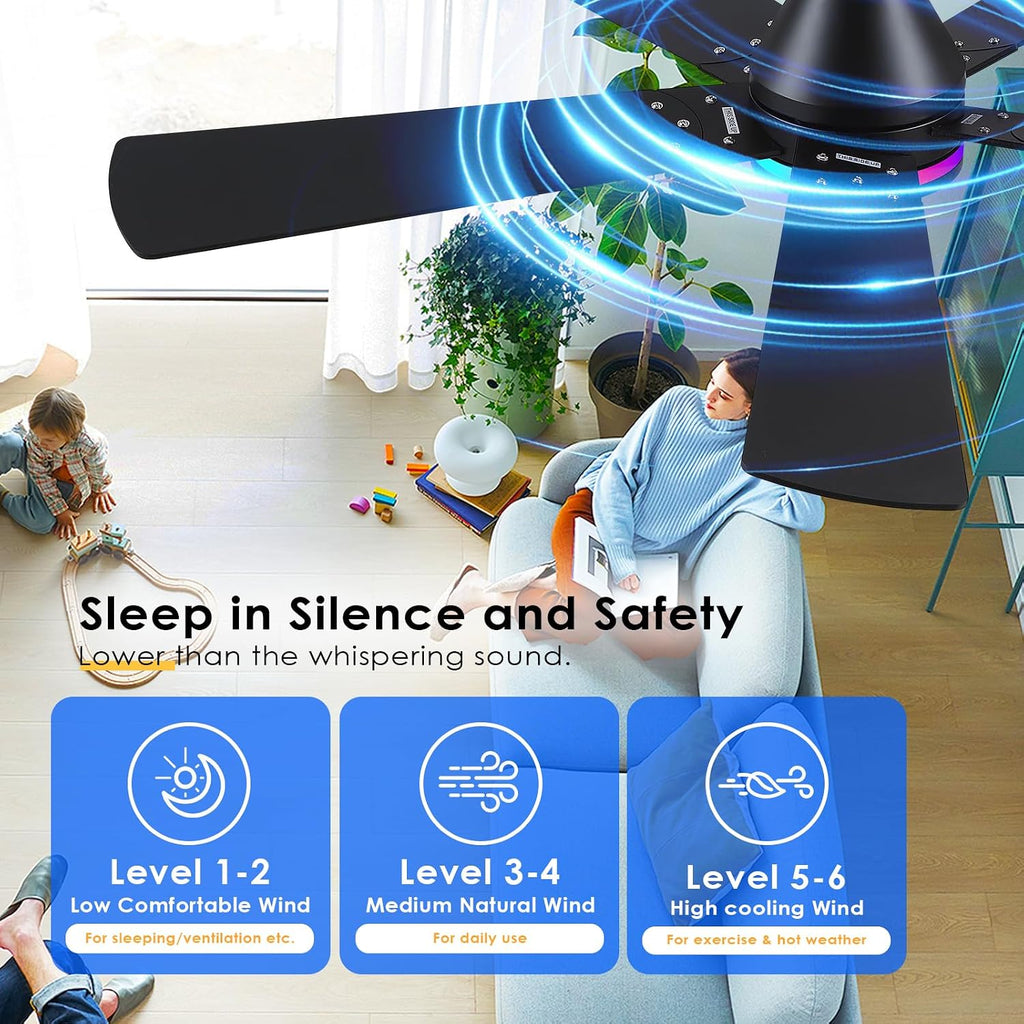52In Black RGB Ceiling Fans with Lights - Flush Mount Low Profile Ceiling Fan Light with Remote/APP, RGB+3CCT 6 Wind Speeds and Reversible, Modern Fan Light Fixture for Party, Kid's Room A101-B0DTG9HHZY