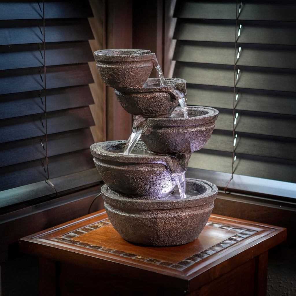 13" Indoor Tabletop Tiering Bowls Water Fountain with LED Lights - Cascading Water Feature, Meditation, Relaxation