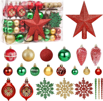 Christmas Ball Ornaments with Tree Topper, Hanging Xmas Decorations - Set of 100