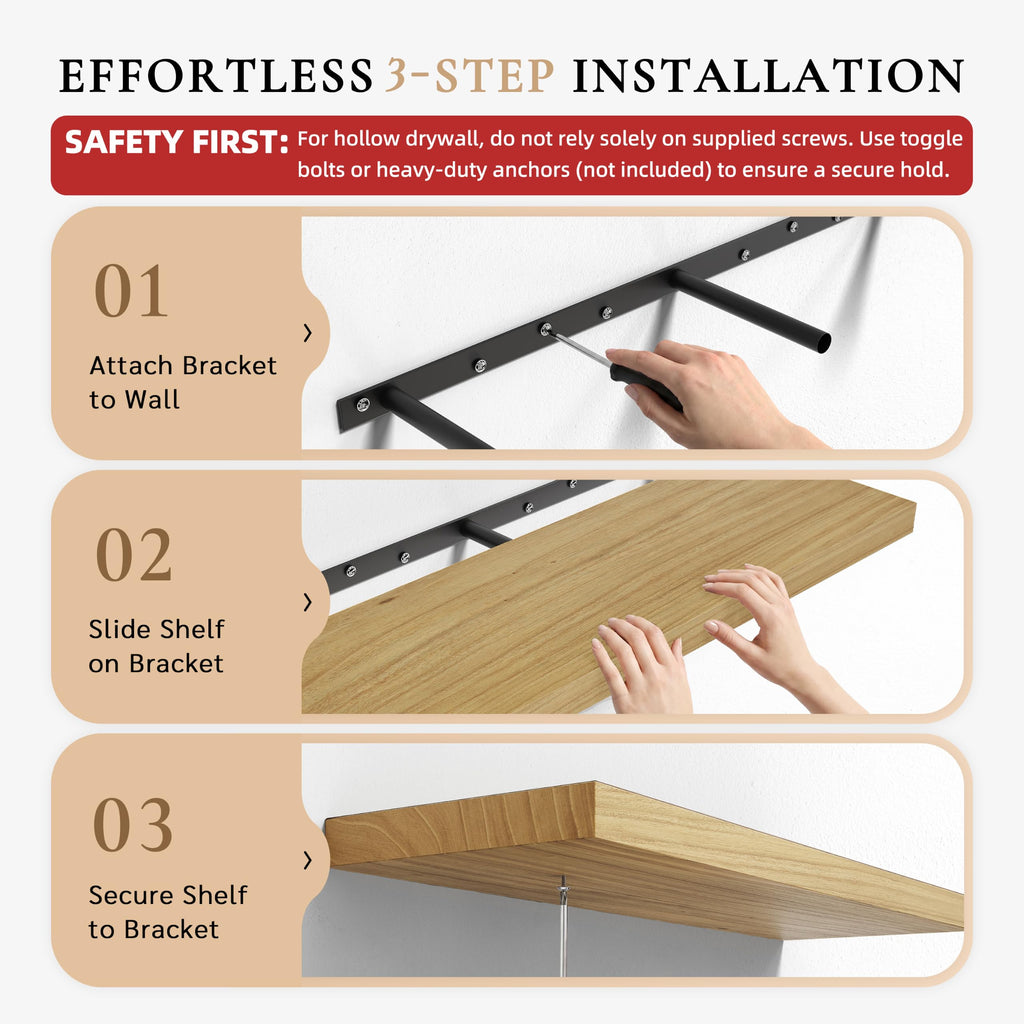 16 Inch Extra Deep Floating Shelves Set of 2-12" Wide Solid Paulownia Wood Wall Mounted Shelves, Natural Wood Finish