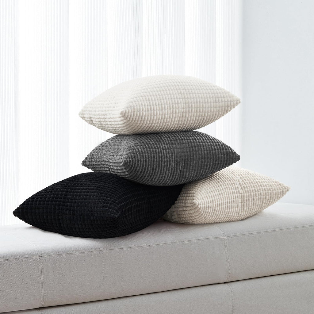 Black and White Couch Pillow Covers 45x45 cm Set of 4, Mid Century Modern White Neutral Corduroy Corn Throw