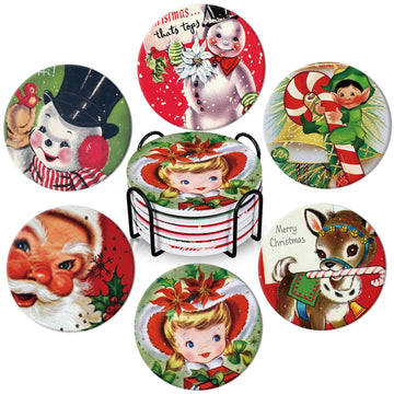 6Pcs Christmas Coasters with Metal Holder Vintage Drink Coasters Xmas Winter Holiday Ceramic Cup Mat Kitchen Table