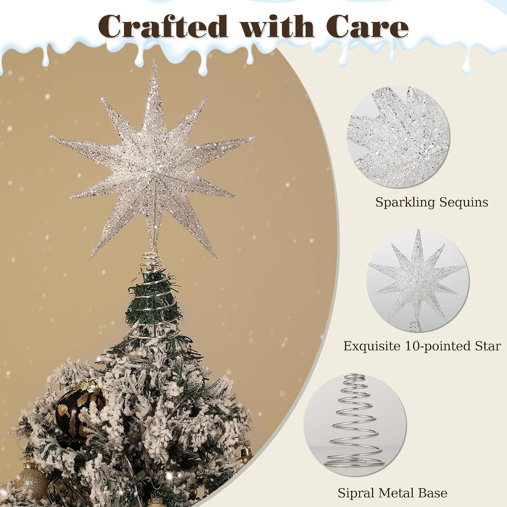 Christmas Tree Topper Star, 13inch 10-Point Light Up Xmas Star Treetop with Plug and Remote Control Christmas