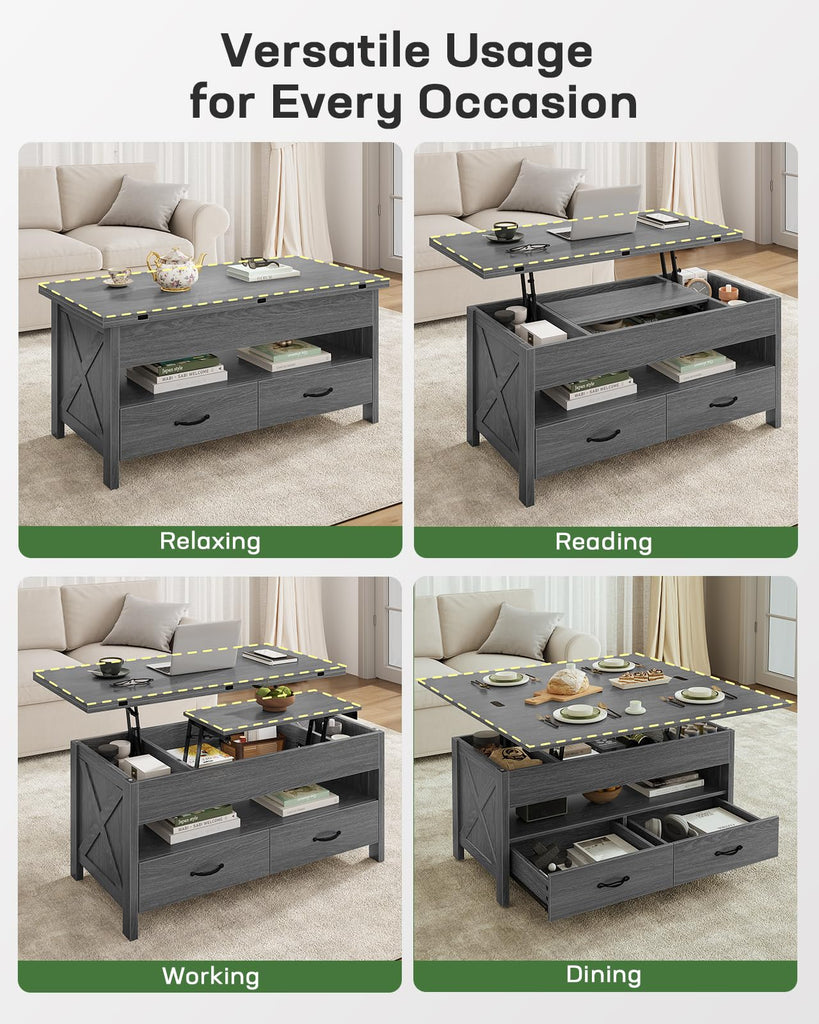 40" Lift Top Coffee Table, 4 in 1 Coffee Table with Hidden Compartment, 1 Open Shelf and 2 Drawers, Multifunctional