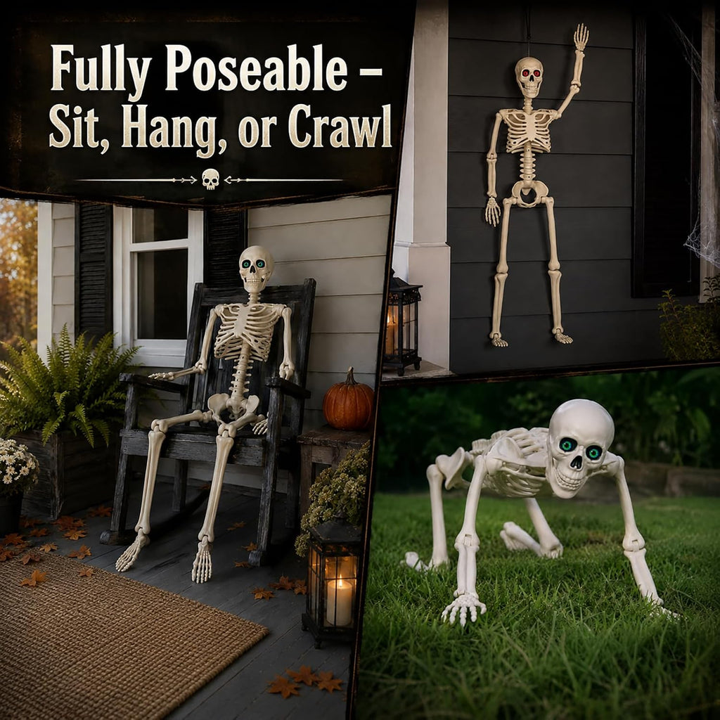 Halloween Skeleton Decorations - 2 Pack 3FT Poseable Skeletons with Eyes, Movable Joints & Jaw Scary Scenes, Yard - Set of 2