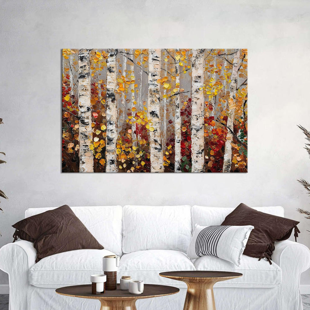 Forest Landscape Autumn Fall Wall Art Canvas, Fall Pictures Wall Decor Canvas, Textured Birch Trees With Layered