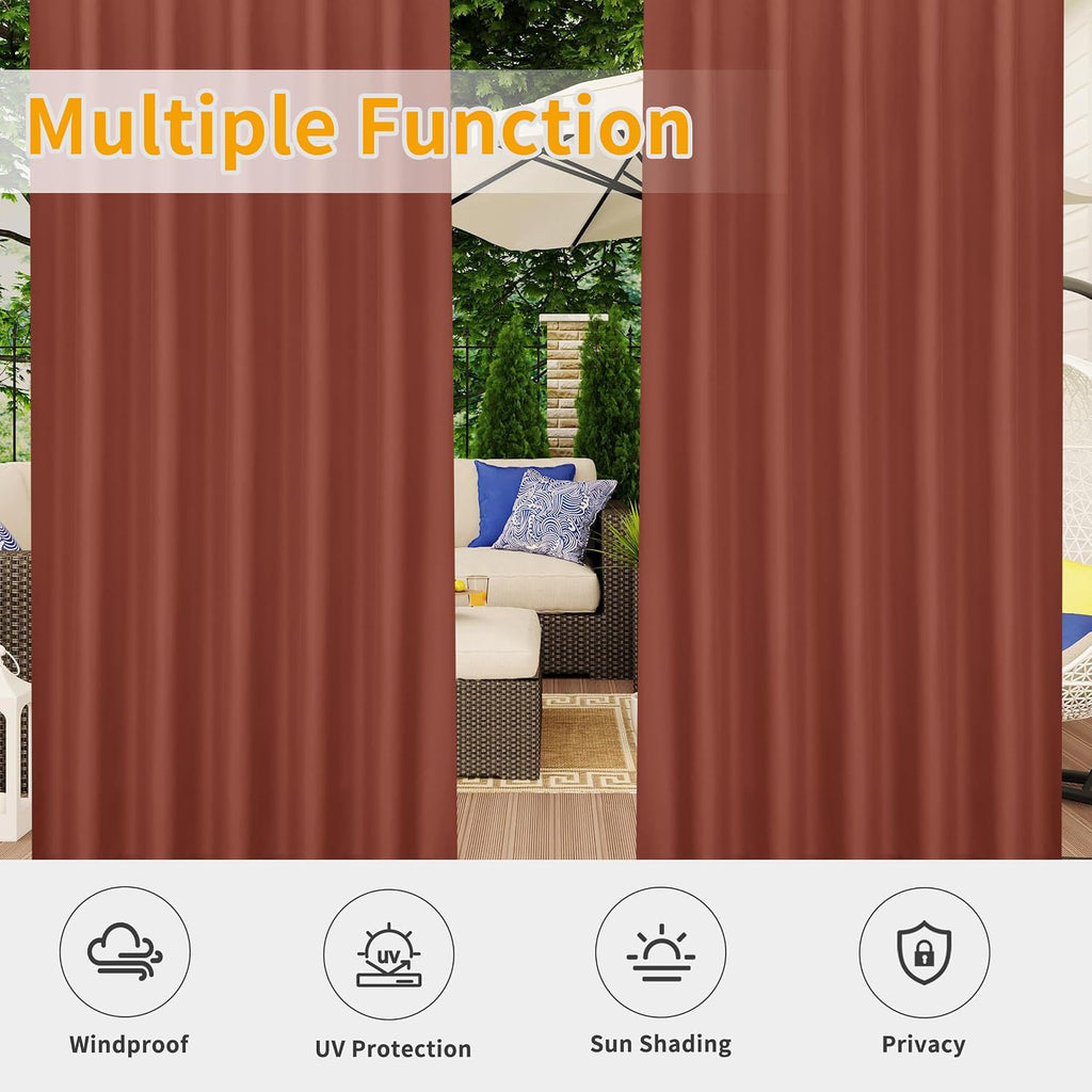 Outdoor Patio Curtains 2 Panels, 54x108 inch, Terra Red | Privacy Waterproof Windproof Detachable Tab Top and Bottom