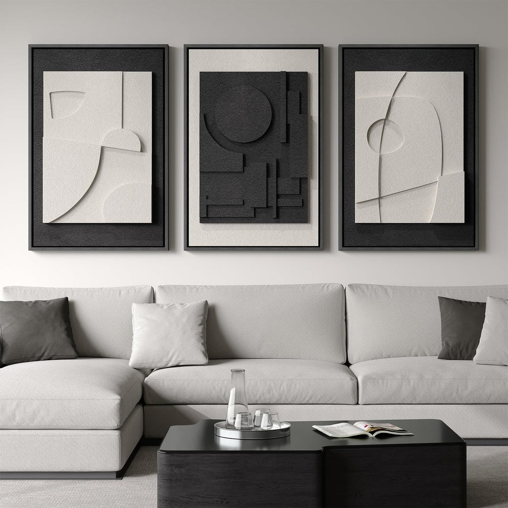 Large Framed Black and White Modern 3D Abstract Wall Art