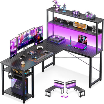 53 Inch L Shaped Gaming Desk with Hutch & Headphone Hook | Black Corner Computer Table with LED light & Storage