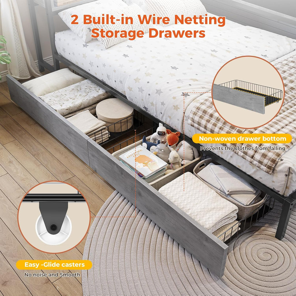 Corner Twin Bed Frame with Bookcase Storage Headboard and Led Lights,Twin Size Metal Platform Corner Bed Frames with