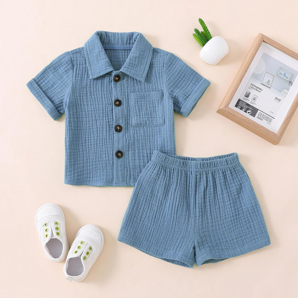 Baby Boys Clothes Set Toddler Infant Boys Button-down Shirt Tops + Cotton Gauze Shorts Summer Outfit 2PCS with Pockets