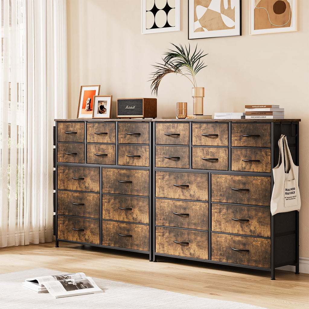 12, Chest of Drawers with Side Pockets and Hooks, Fabric Storage, Sturdy Steel Frame, Wood Top, Easy Pull Handle