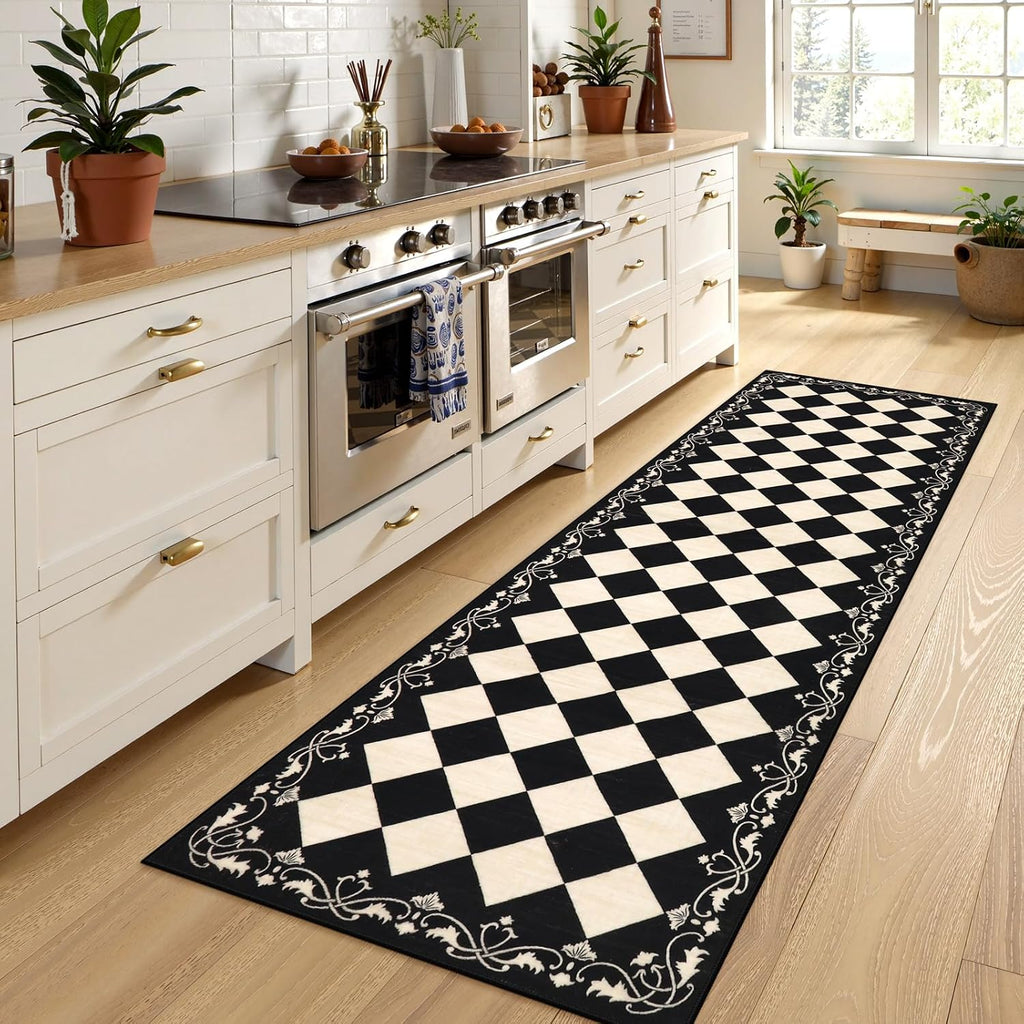 Checkered Bathroom Runner Rug, Black and White Washable Runners s Non Slip, Moroccan Trellis Rug for Besides