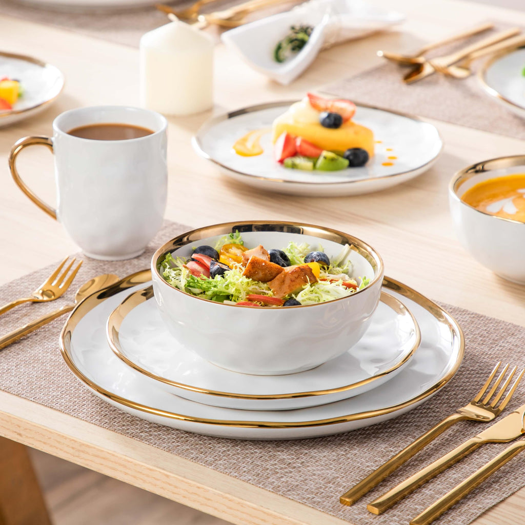 16 Pieces Plates and Bowls Sets, Porcelain White and Gold Dinnerware Sets, Round Dinner Plates Dishes Set Service
