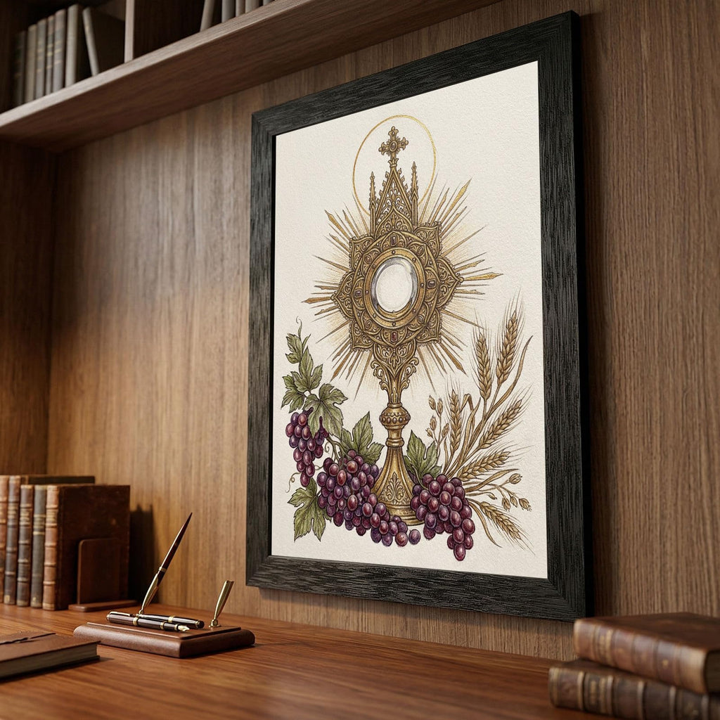 Framed Religious Wall Art - Sacred Monstrance and Eucharist with Grapes and Wheat - Devotional Catholic Decor in