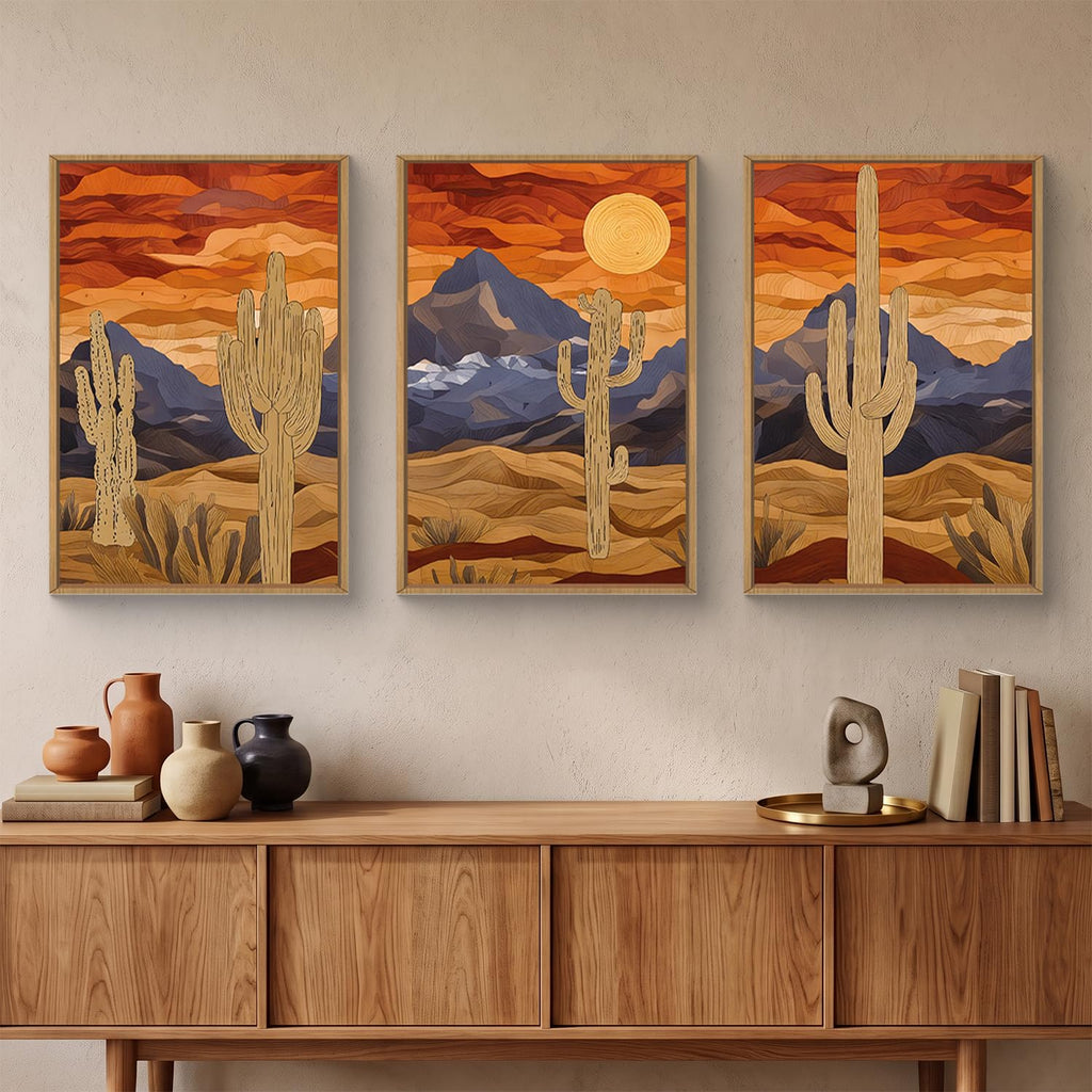Mountains Desert Framed Canvas Wall Art Set, Abstract Sun Art Prints, Modern Cactus Paintings Artwork, Mid Century