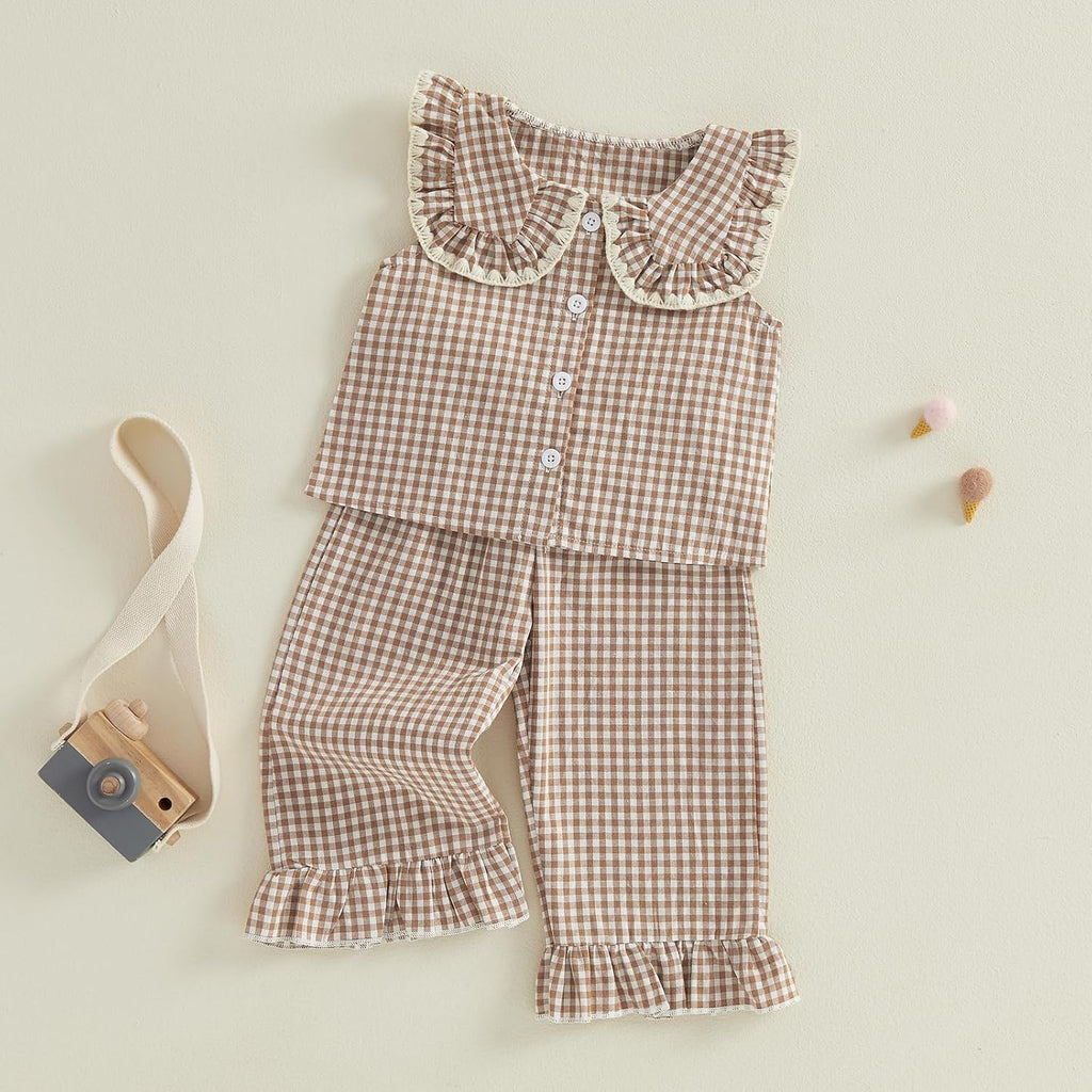 Girls Summer Outfits Ruffle Sleeve Button Up Dress Tops Plaid Linen Pants Spring Toddler Girl Clothes
