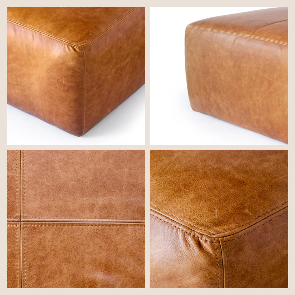 Sequoia Ottoman - 35" Square Pouf with Feather-Down Topper - Full-Grain Leather Upholstered Pouf Ottoman - Vintage