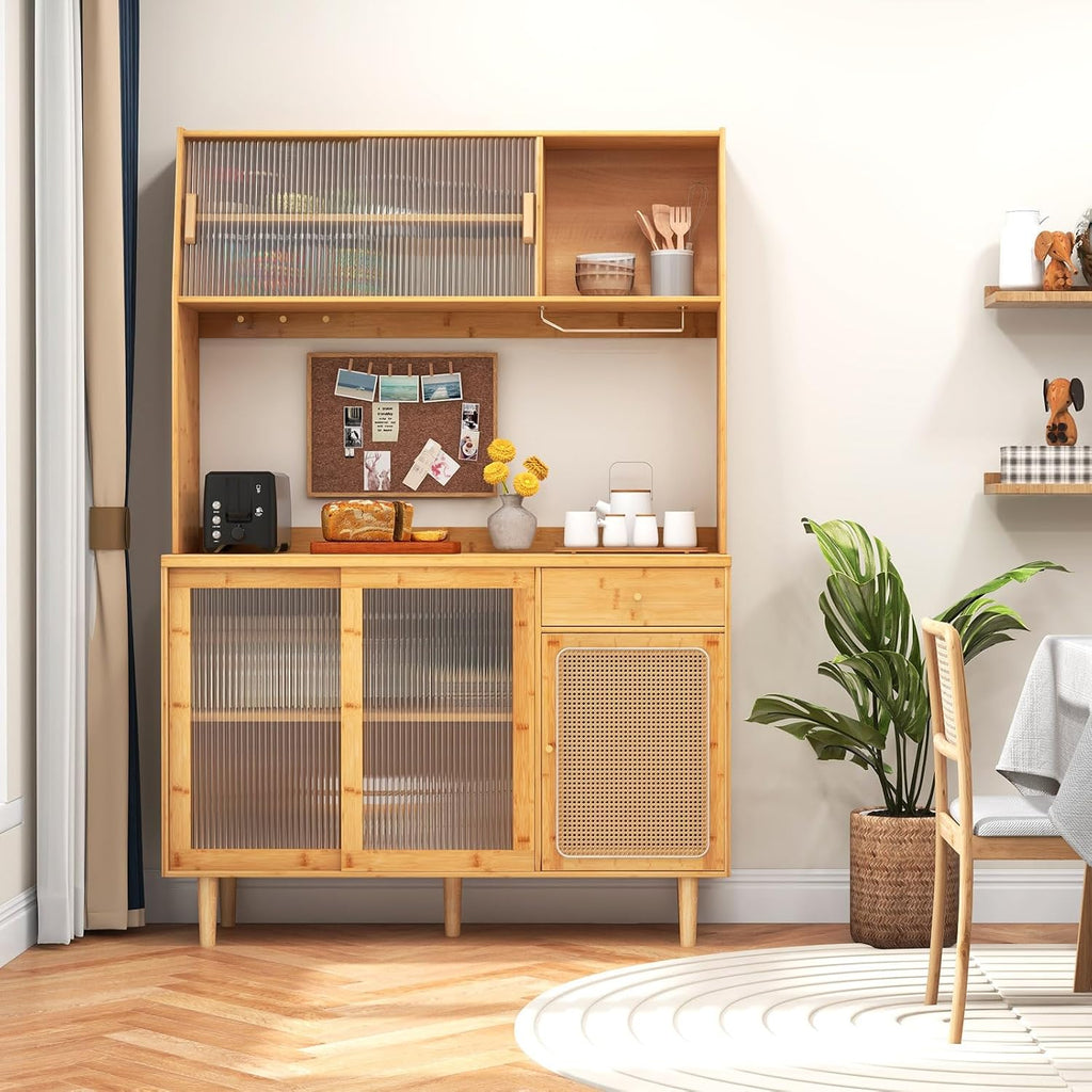 69" Kitchen Pantry Cabinet, Bamboo Hutch Storage Cabinet w/Storage | Freestanding Buffet Sideboard Cabinet with