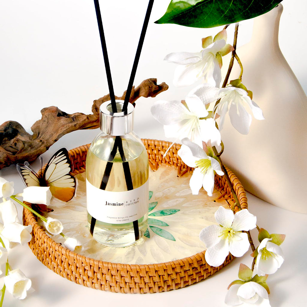 Reed Diffuser Set, 6.7 oz Jasmine Scented Diffuser with Sticks, Home Fragrance Reed Diffuser Shelf Decor
