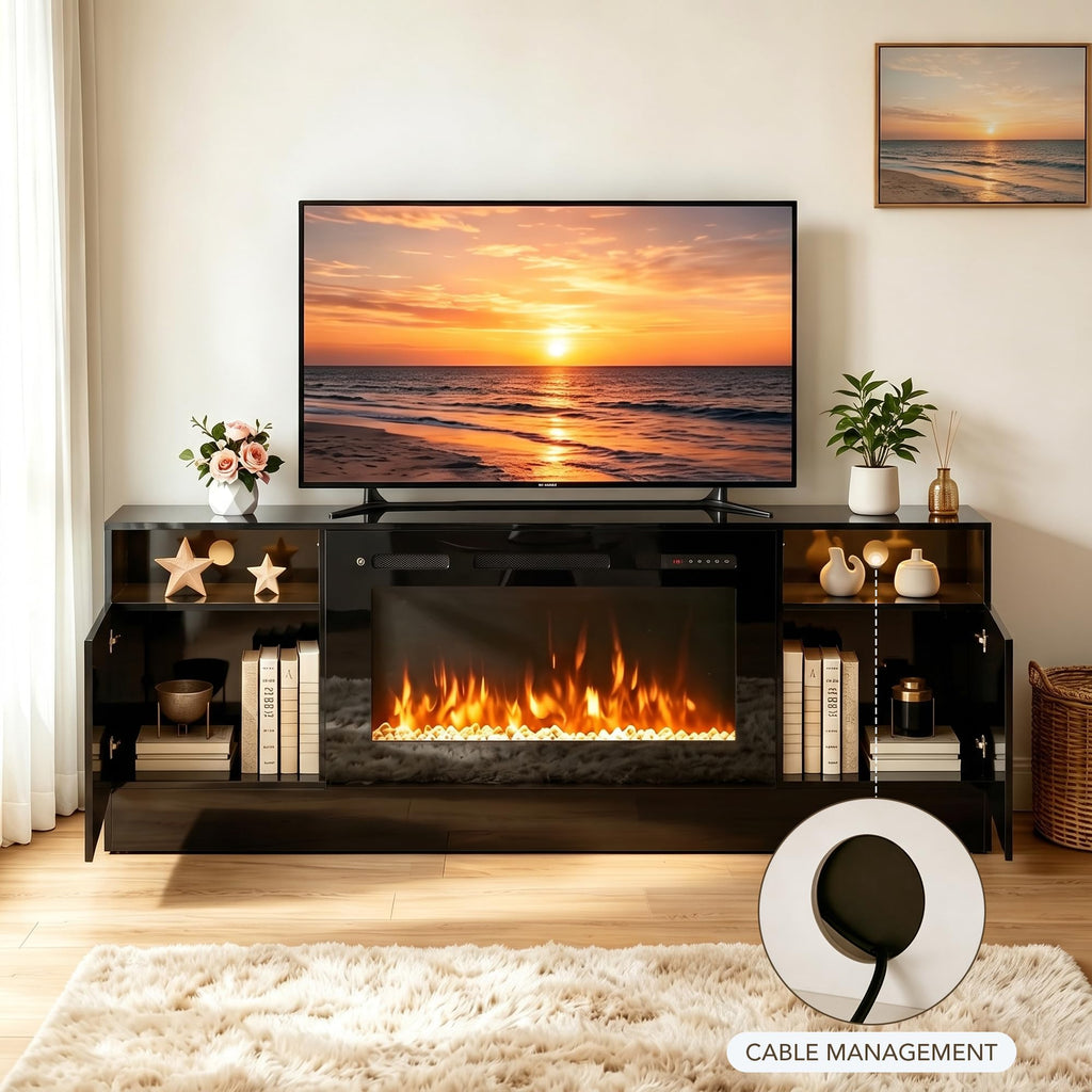 Fireplace TV Stand with 36'' Electric Fireplace Up to 80" TVs, LED Light Entertainment Center, Modern Wood Texture