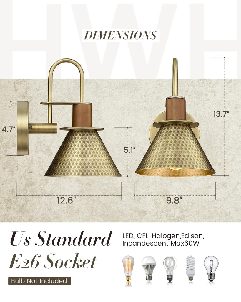 Antique Brass Wall Sconce, HWH Hammered Barn Wall Light Fixtures, 1-Light Single Sconce Vanity Light, Farmhouse Wall