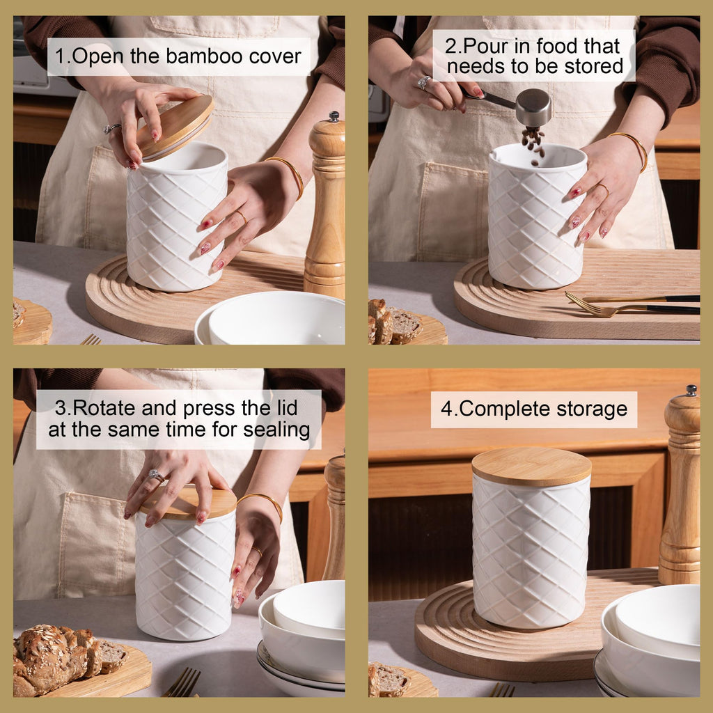 Ceramic Canisters Sets Countertop, Relief Food Storage Jar with Bamboo Lid, Stackable Container for Flour, Coffee