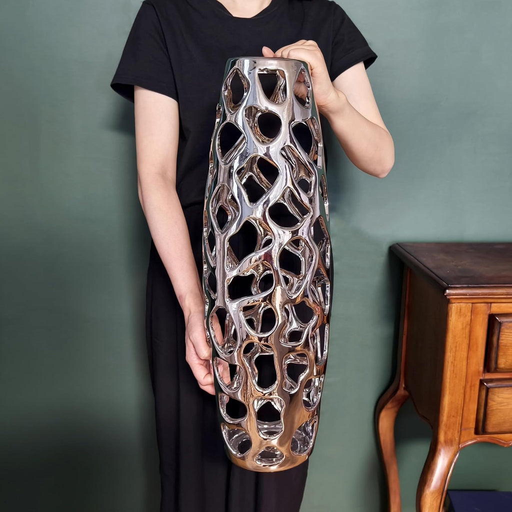 24'' High Ceramic Floor Vase Silver | Handmade Vase with Hand Carved Hollow Pattern for Decorative Branches and Dried