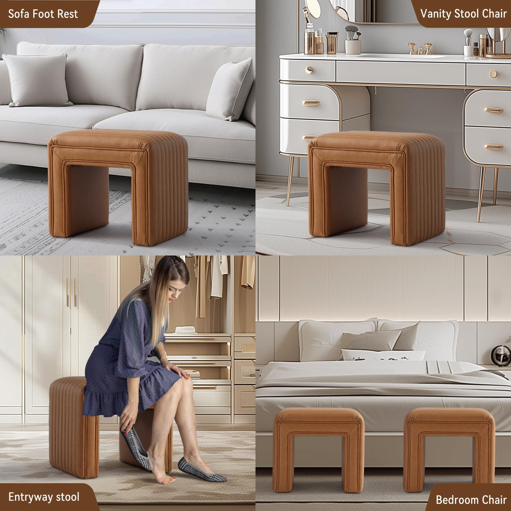 Vanity Stool Chair, Modern PU Leather Ottoman Foot Stool with Wooden Legs Sofa Bench Footstool Extra Seat for