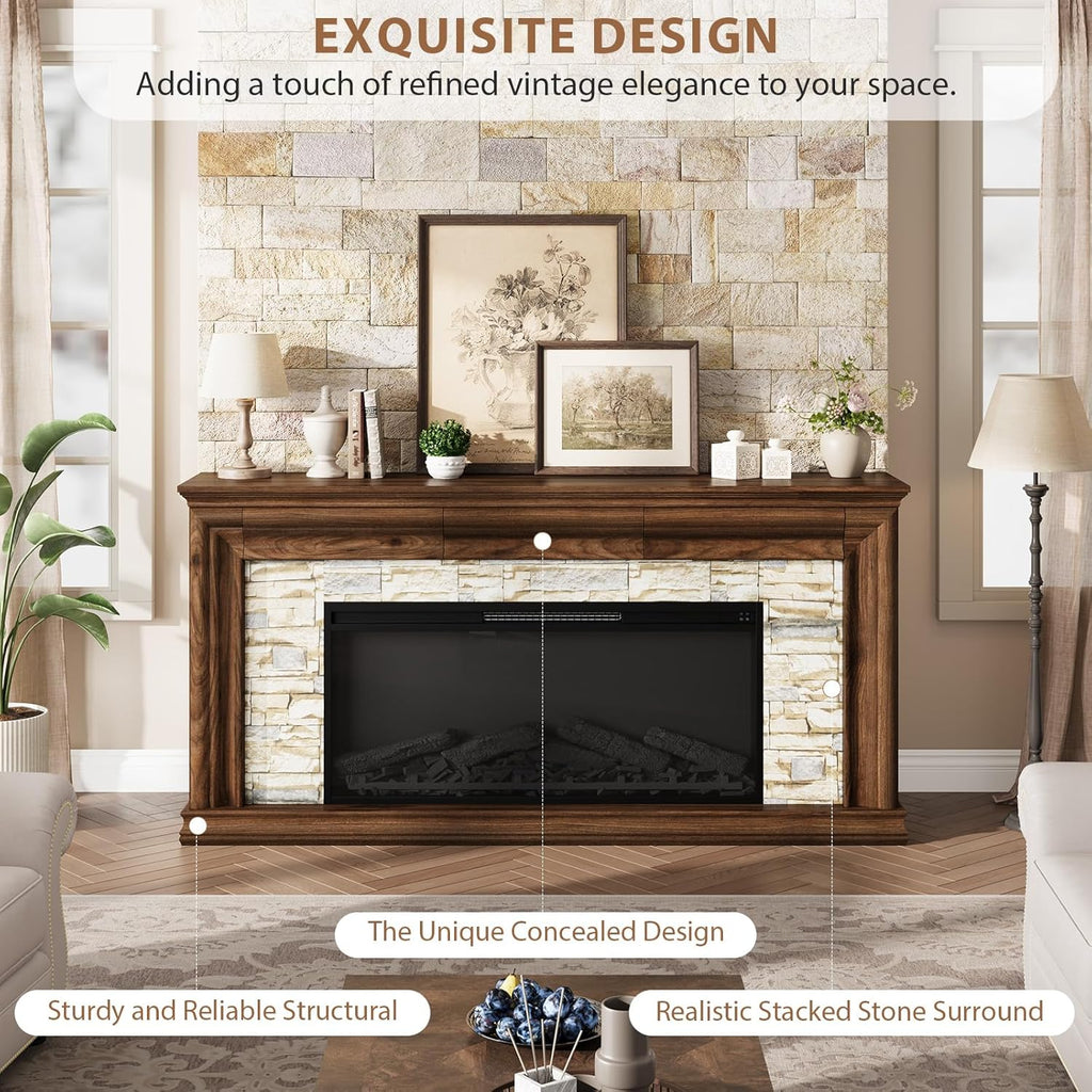 QUW 70" Fireplace TV Stand Up to 80" TVs, 42" Modern Electric Fireplace with Mantel