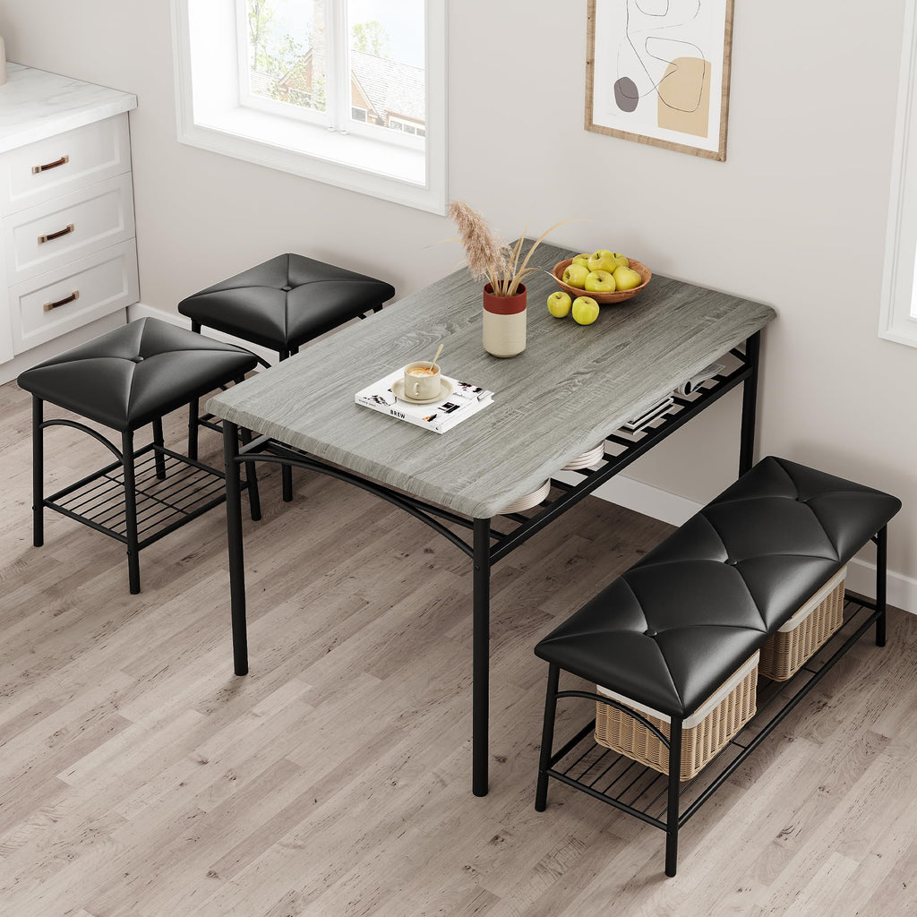 Dining Table with Benches, Kitchen Table Set for 4, Dining Room Table Set with Upholstered Bench and Square Stools