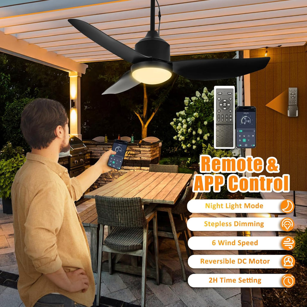 42 Inch Black Waterproof Gazebo Fans with Lights Outdoor Hanging - Plug in Remote App Control for Patios Indoor Farmhouse Porch - 6 Speed Reversible DC Motor A101-B0F29G4MR4