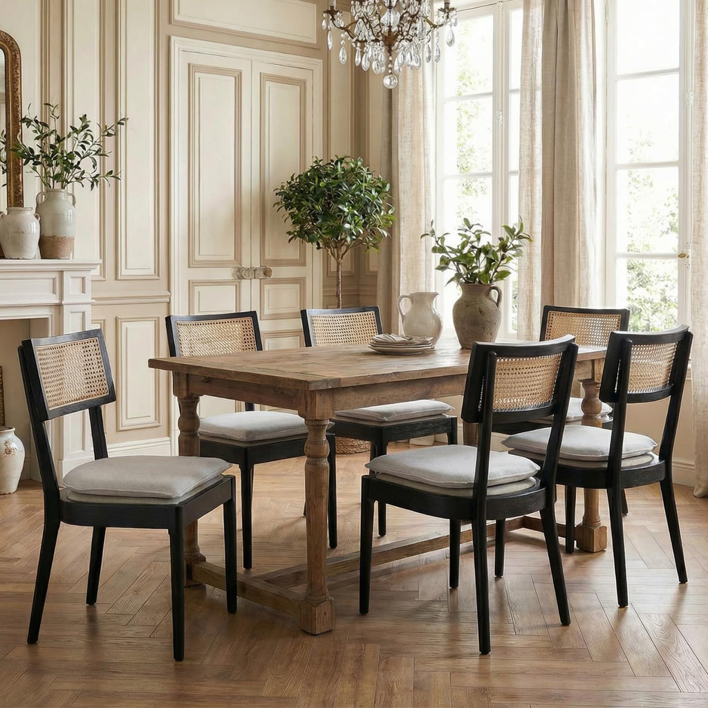 Rattan Dining Chairs Set of 4, Linen Upholstered Kitchen Chairs