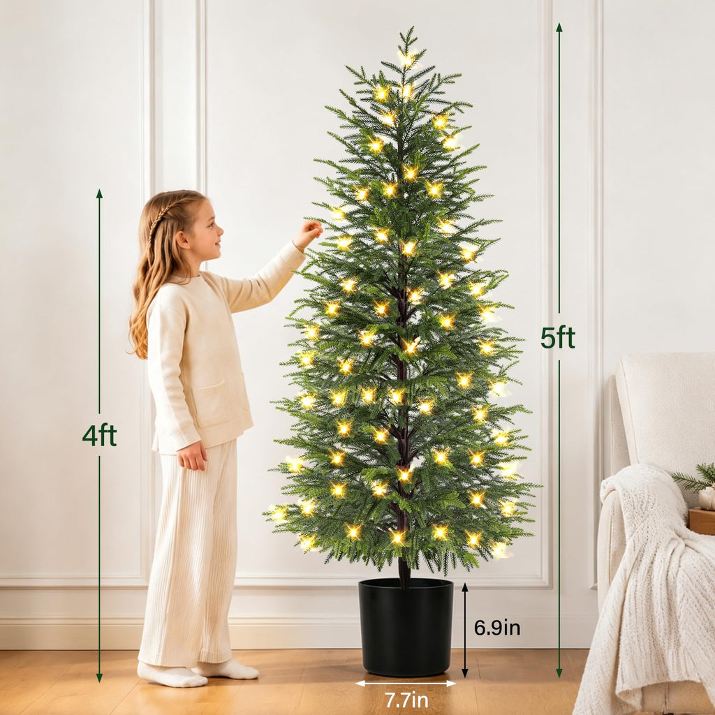 5FT Prelit Norfolk Pine Christmas Tree Real Touch Artificial Cedar Tree with 80LED Lights & 8-Function Plug-in Potted
