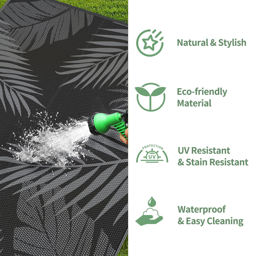 Outdoor Rug, Waterproof Plastic Rugs 9'x18' for Camping Black Grey