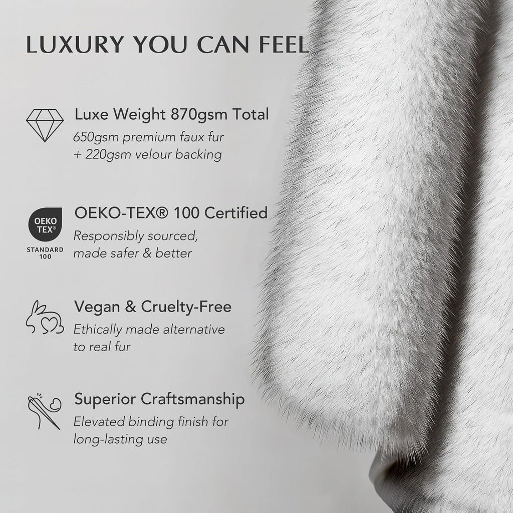 Luxury Faux Fur Throw Blanket, 60"x80", Frosted White Wolf | Fluffy Faux Mink Blanket, Soft Cozy Plush, Thick Warm