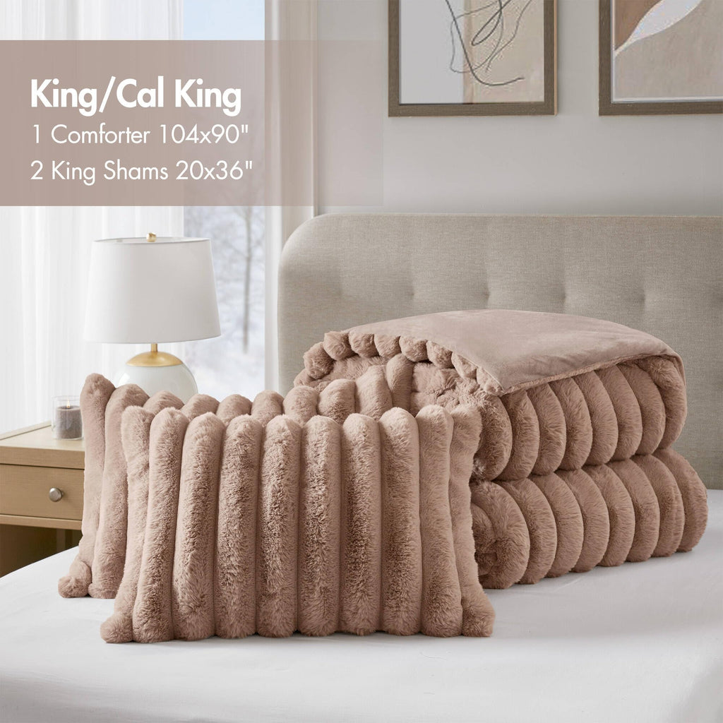 Jasmine Luxurious Plush King Comforter Set, 3 Piece, Mocha